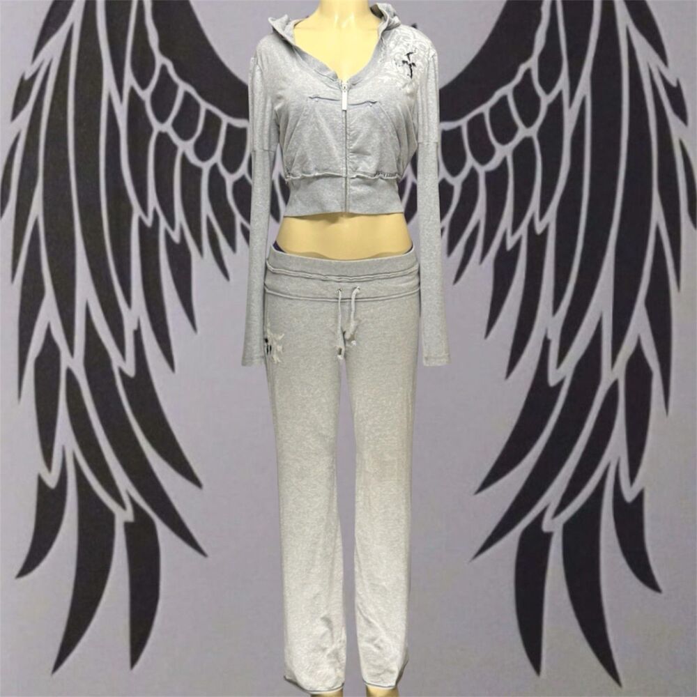 Y2K XOXO Collection Gray Vintage Lounge Tracksuit | Cropped Hoodie + Flare Pants